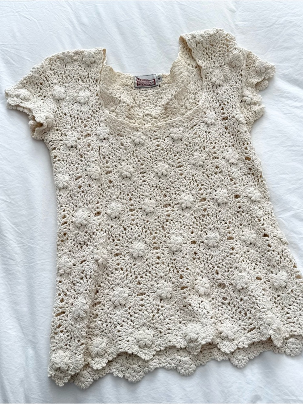Vintage Hand Crochet Cotton Floral Top Cream Boho Cottagecore Size M - Picture 5 of 5